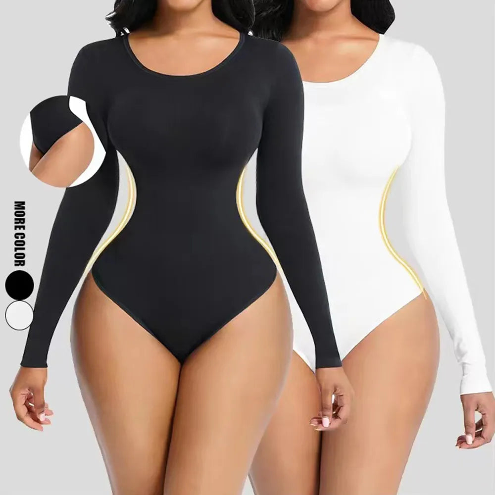 LMYLXL Fajas Colombianas Sexy Neck Bodysuit Long Sleeve Thong Shapewear Women Tummy Control Body Shaper Bodycon Jumpsuit Tops